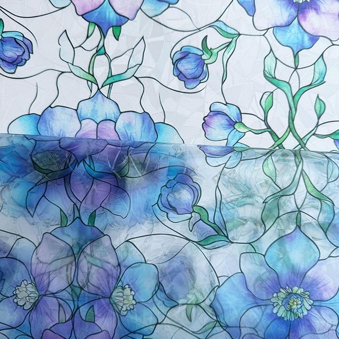 Etched Window Privacy Film Blue Purple Floral Sliding Glass Door Tint No Glue Static Cling Decals 3D Rainbow Decorative Covers Iridescent Anti UV Removal DIY Home Office,35X78.7in.