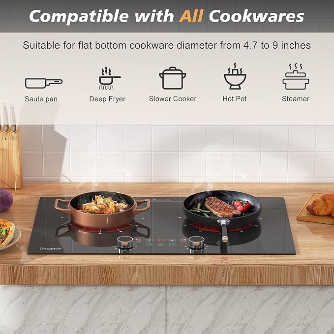 2 Burner Electric Cooktop 110V - 24 Inch Ceramic Stove Top Countertop & Built-in, 2000W Two Burner Radiant Electric Cook Top with LCD Touch & Knob Control, Timer, Safety Lock, 120V Plug in