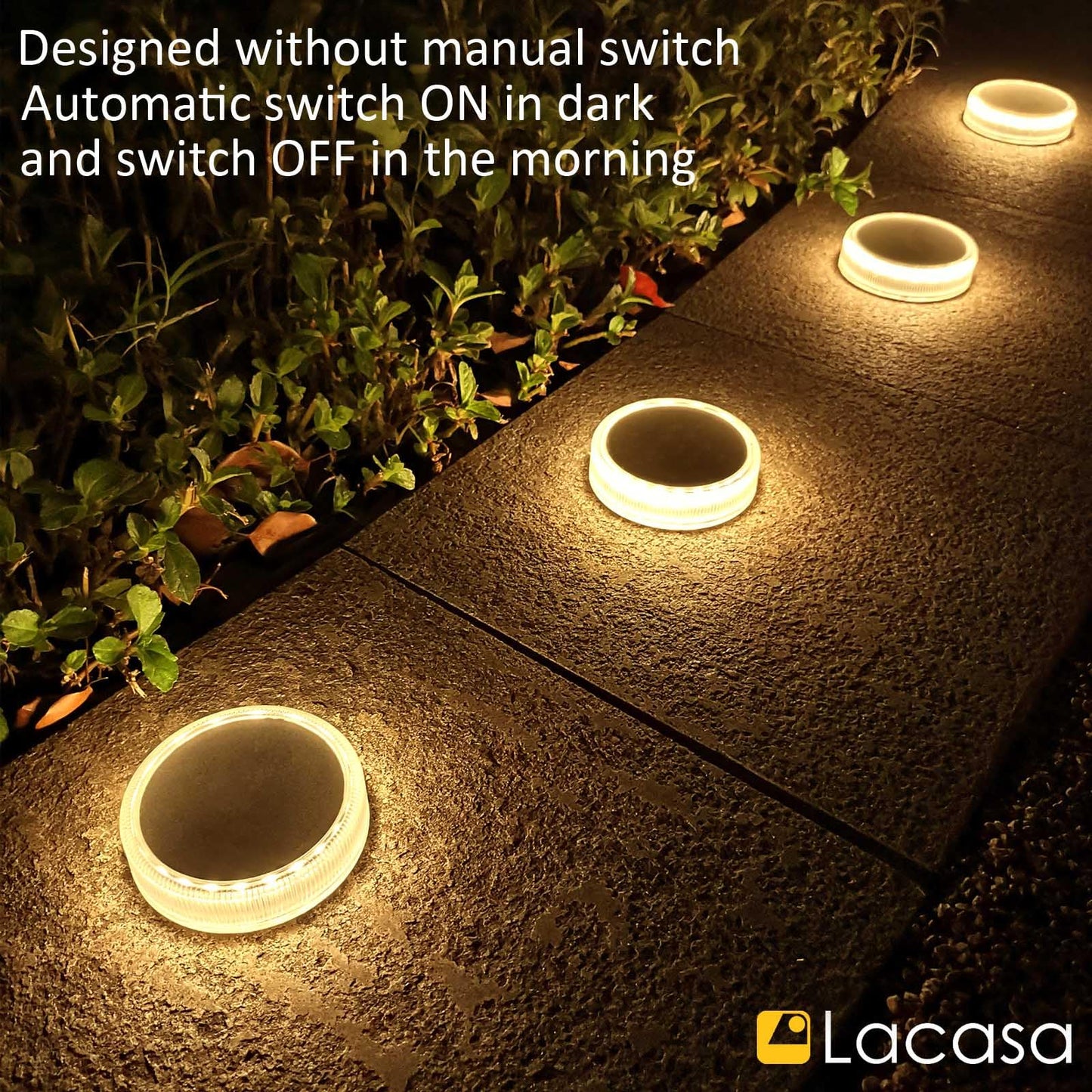 Lacasa Solar Deck Lights, 4 Pack, 30LM, IP68 Waterproof, Auto ON/OFF, Warm White 2700K, Round