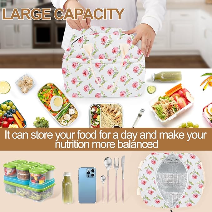 Cotton Quilted Insulated Lunch Bag, Cute Quilted Floral Lunch Tote Bags Reusable Insulated Lunch Box Coquette Aesthetic Large Capacity Insulated Cooler for Women Work Travel Picnic (Big Pink Flowers)