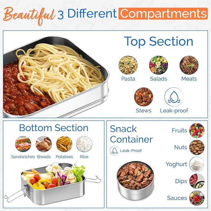 Stackable Stainless Steel Bento Box With Snack Container, 47oz/1400ml, Lunch Box for Kids & Adults, Bento Lunch Box With Compartments, Eco-Friendly Metal Container for School, Work, & Travel
