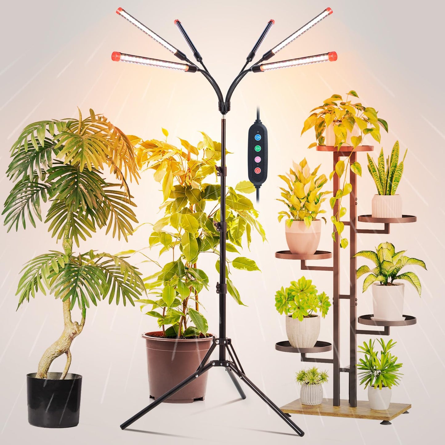 FRGROW 6-Head Grow Lights for Indoor Plants, 54W Full Spectrum, Auto Timer, Tripod Stand, Black, Model ZH_GL_RH