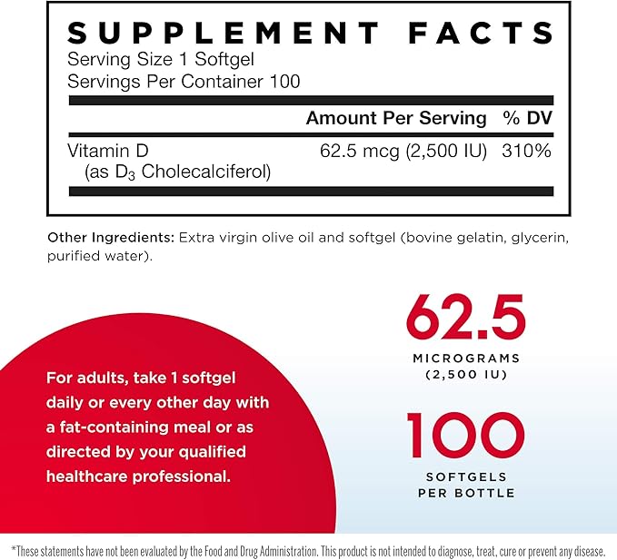 Jarrow Formulas Vitamin D3 2500 IU - 100 Softgels, Pack of 2 - Bone Health, Immune Function & Calcium Metabolism Support - 200 Total Servings
