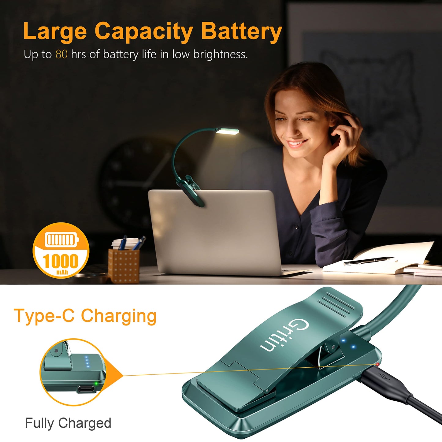Gritin Rechargeable Book Light - 9 LED, Eye-Caring, 3 Color Temperatures, Stepless Dimming, Clip-On, Green, Model G1330