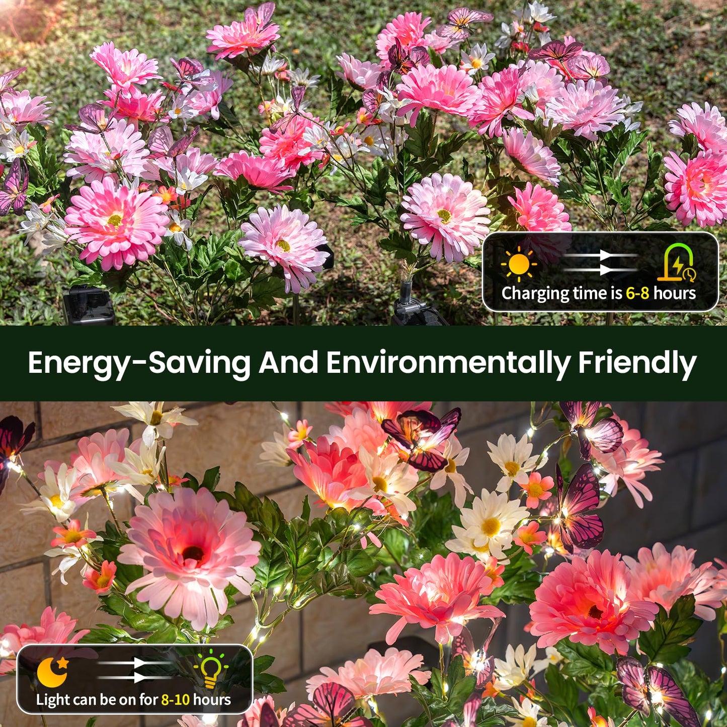Topvelo Solar Garden Light 4 Packs  120 Leds Outdoor Solar Lighting With Daisy And Butterfly  Waterproof Outdoor Garden Light For Patio  Courtyard  Pathway Decoration (Pink)