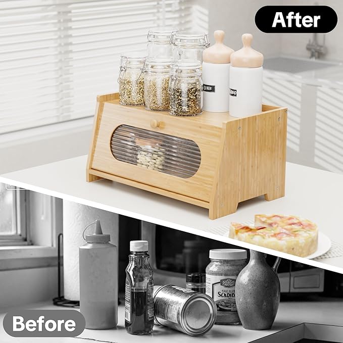 Bamboo Bread Box for Kitchen Countertop,Large Capacity Kitchen Countertop Organizer,Bread Storage with Acrylic Window for Cabinet,Pantry,Cupboard