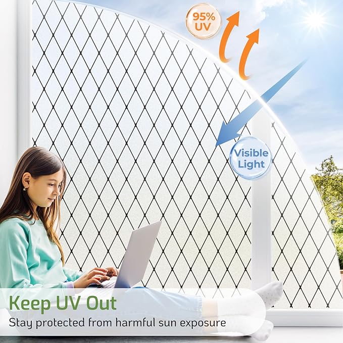 LUTE Frosted Window Privacy Film, Static Cling UV Sun Blocking Heat Control Window Cover, Removable Non-Adhesive Glass Sticker Vinyl Decorative Bathroom Frosting Decals, Black Lattice, 35.4" x 157.4"