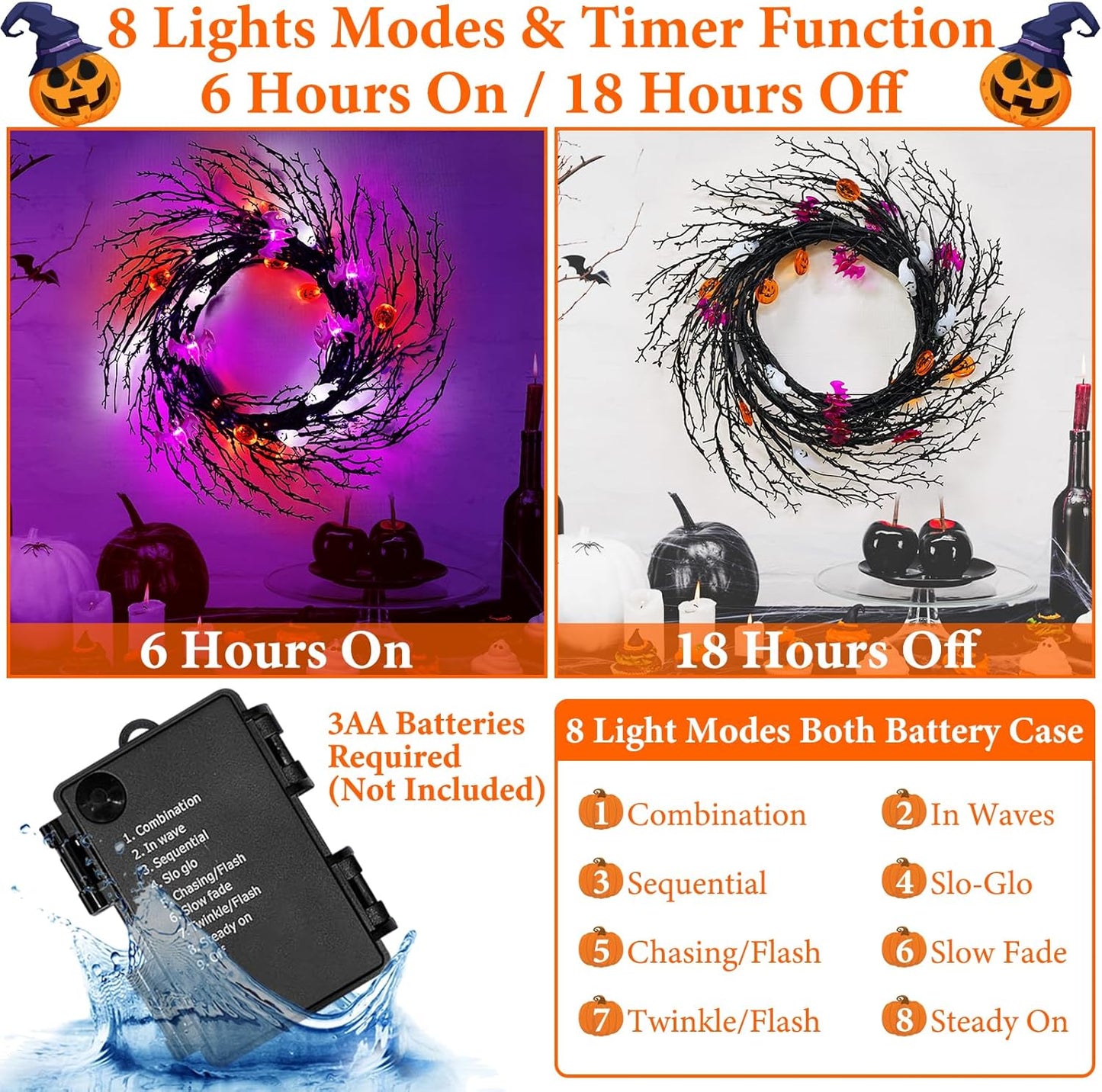 7 Ft 63 LED Halloween Willow Vine Twig Garland with 8 Modes Timer Orange Purple White Lights,7 Pumpkin Bat Ghost, Garland with Battery Operated for Wall Fireplace Halloween Decorations