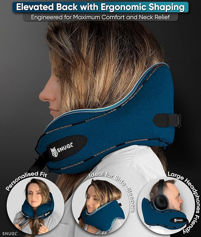 SNUGL Neck Travel Pillow - Memory Foam Airplane Pillow - Flight Pillow | Neck Support Travel Pillow with Carry Bag & Clip | Neck Pillows for Sleeping Travel Plane | Flying Travel Essentials - Navy