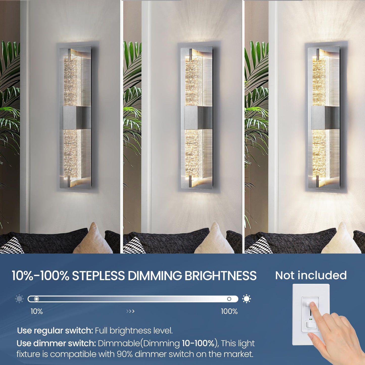 Woshitu Led Wall Sconce Light: 19 Inch Nickel Modern Sconces Wall Lighting 3000K Dimmable Crystal Wall Lamps Indoor Bathroom Sconce Wall Mount Light Fixtures For Living Room/Bedroom/Hallway