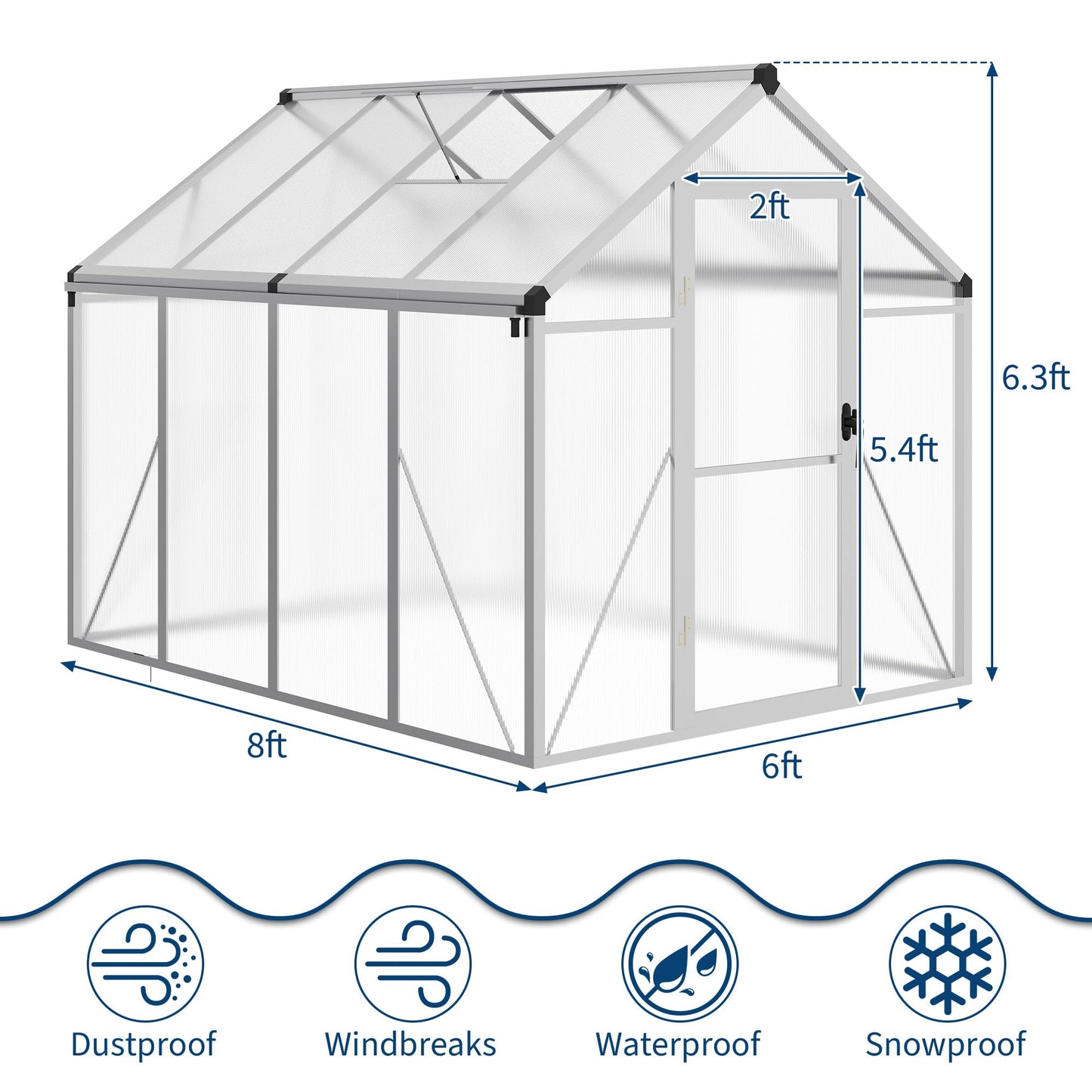 6×8 FT Greenhouse, Large Walk in Greenhouses for Outdoors and Garden Planting, Polycarbonate Greenhouse with Enhanced Aluminum Frame, Green Houses with Quick Setup Structure and Roof Vent, Silver