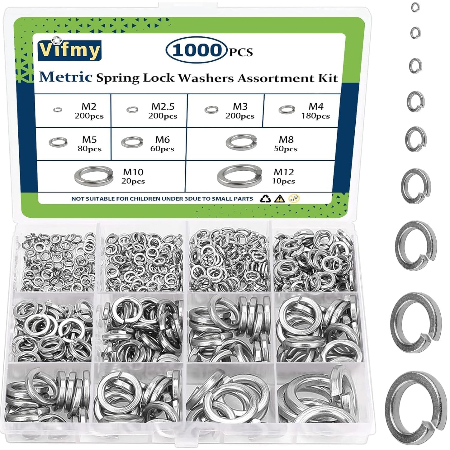 Vifmy Spring Lock Washers Assortment Kit(1000 Pack), M2 M2.5 M3 M4 M5 M6 M8 M10 M12 Metric Split Lock Washer Set,304 Stainless Steel Lock Washers for Screws Bolts