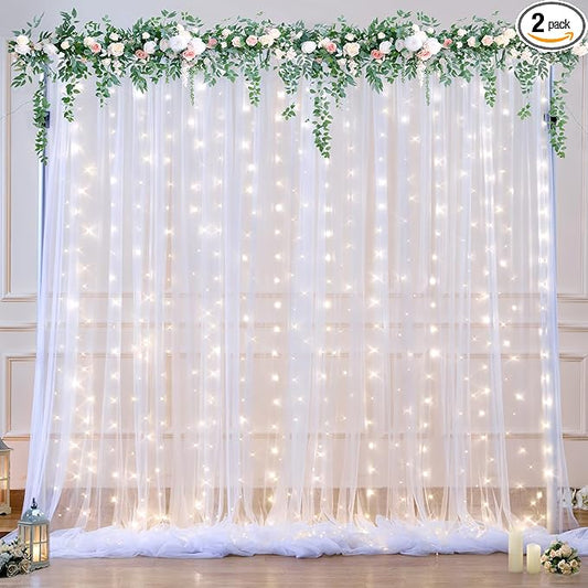 10ft x 10ft White Tulle Backdrop Curtain with Lights String for Parties Wedding Bridal Shower Sheer White Curtain Backdrop...