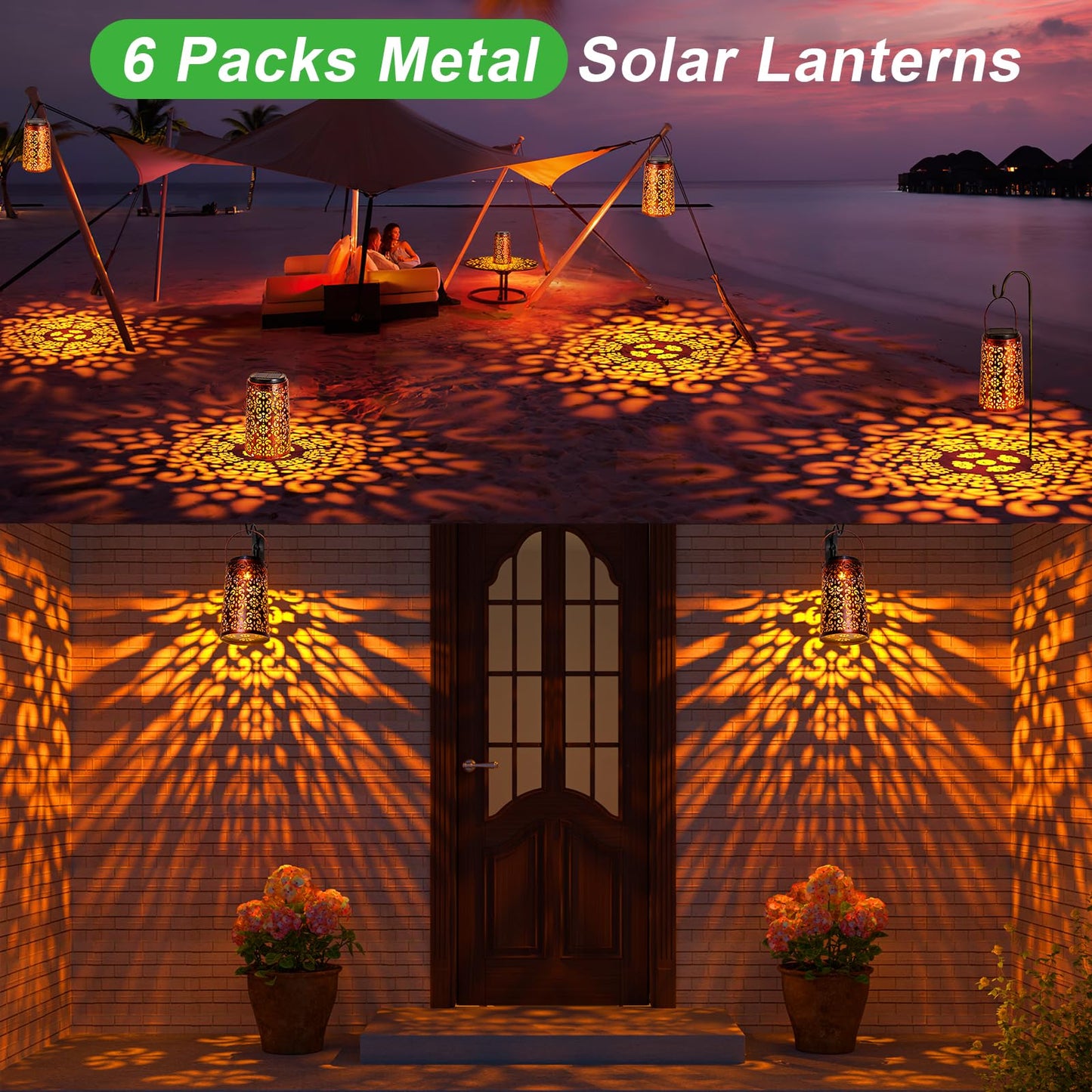 JSOT Solar Lanterns Outdoor Waterproof Retro Metal 6 Pack - Decorative Hanging Lights for Patio Garden Yard Table Tree