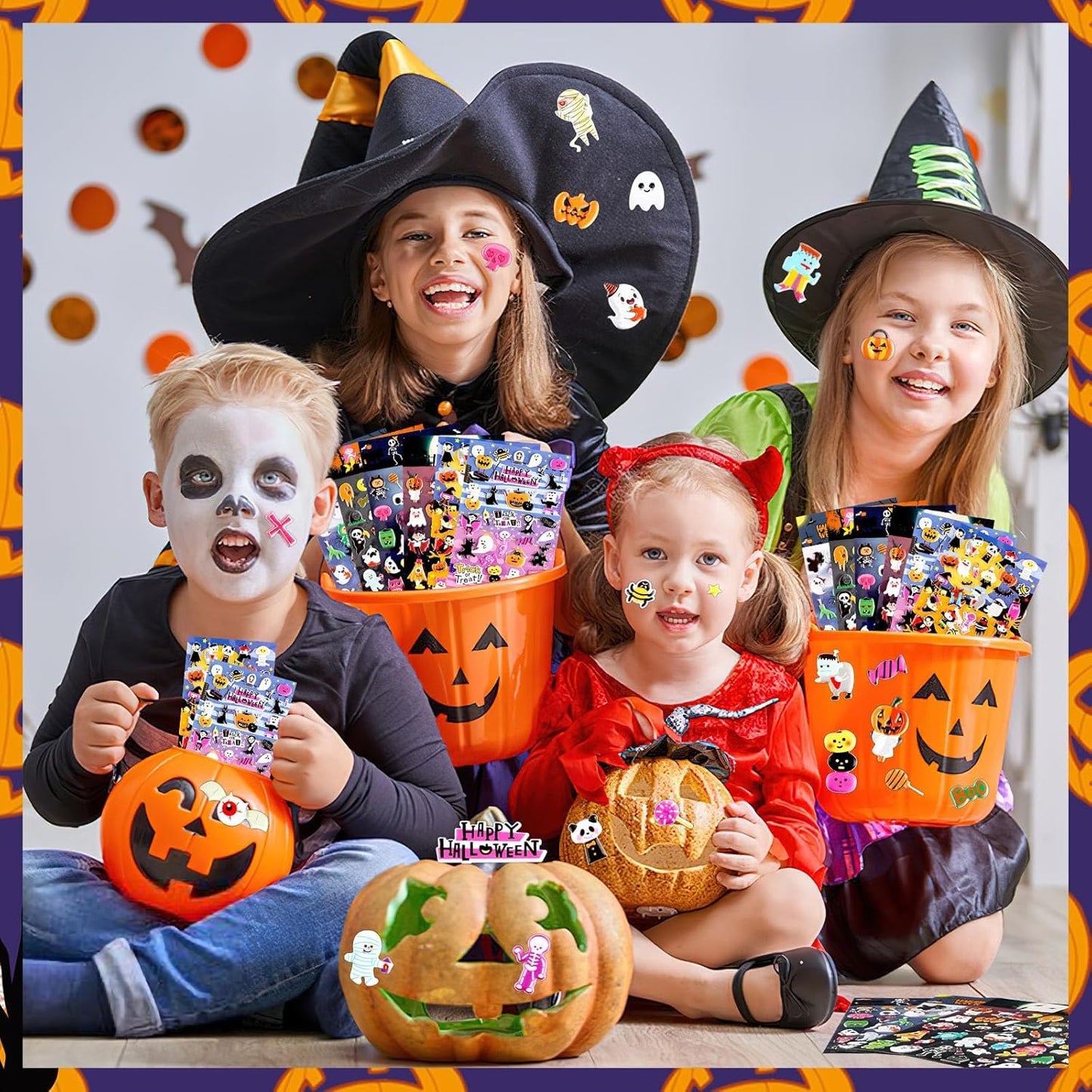 UPINS Halloweens Stickers for Kids, 10 Sheets 3D Happy Halloween Stickers Cute Puffy Stickers Ghost Pumpkin Skull Bat Spider Foam Stickers for Halloween Party Favors Scrapbooking DIY Crafts