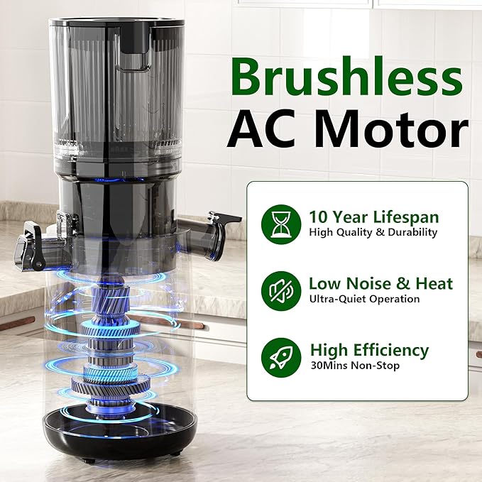 Juicer Machines, Cold Press Juicer with 5.3" Extra Large Feed Chute and Powerful AC Brushless Motor Fit Whole Fruits & Vegetable, High Juice Yield, BPA Free, Extra one Replace juicer strainer