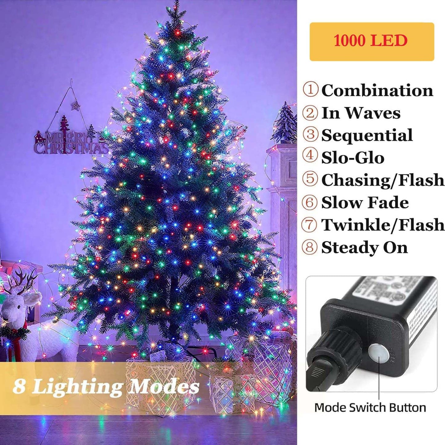 Tcamp 306FT 1000 LED String Lights, Multicolor, Green Wire, 8 Modes, Outdoor/Indoor, Model QL300AE
