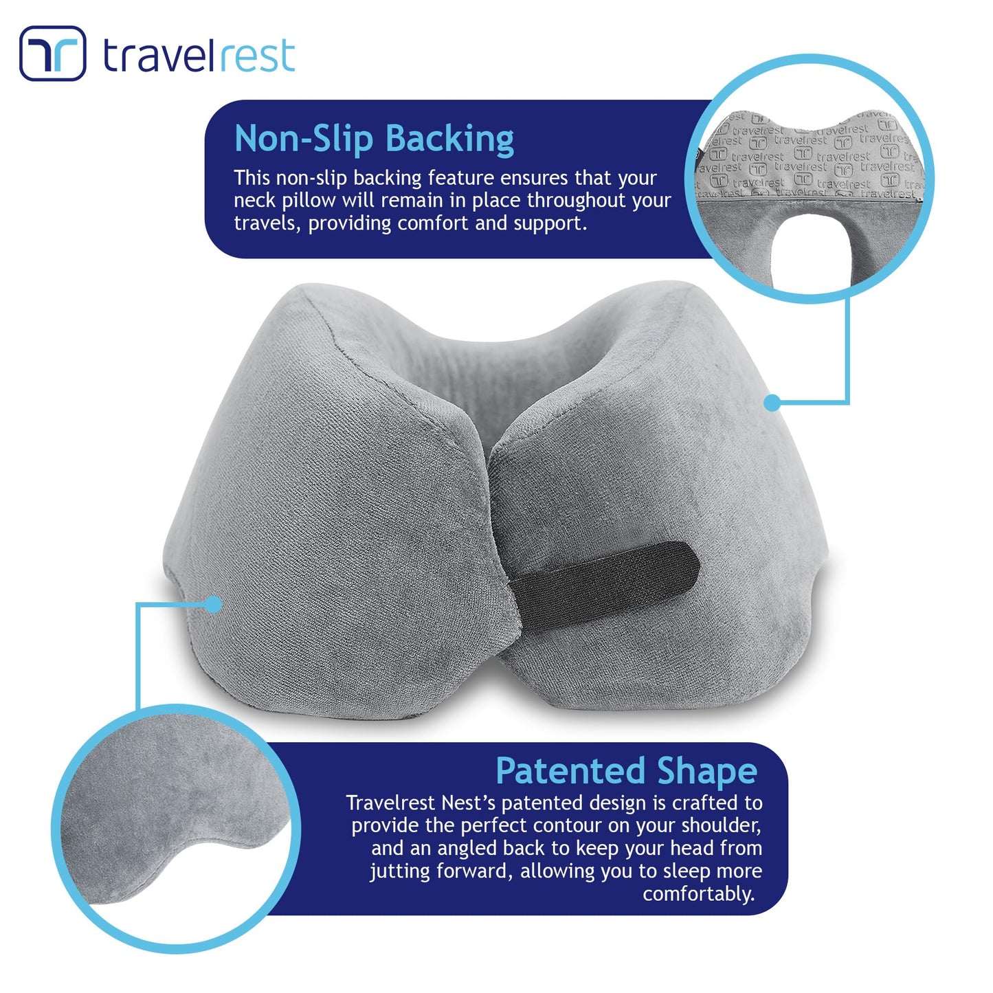 TRAVELREST Nest Memory Foam Travel Pillow/Neck Pillow 2-Pack - Advanced Neck Support for Long Flights - Patented Design for Optimal Relaxation - Long Travel - Machine Washable - Blue & Grey