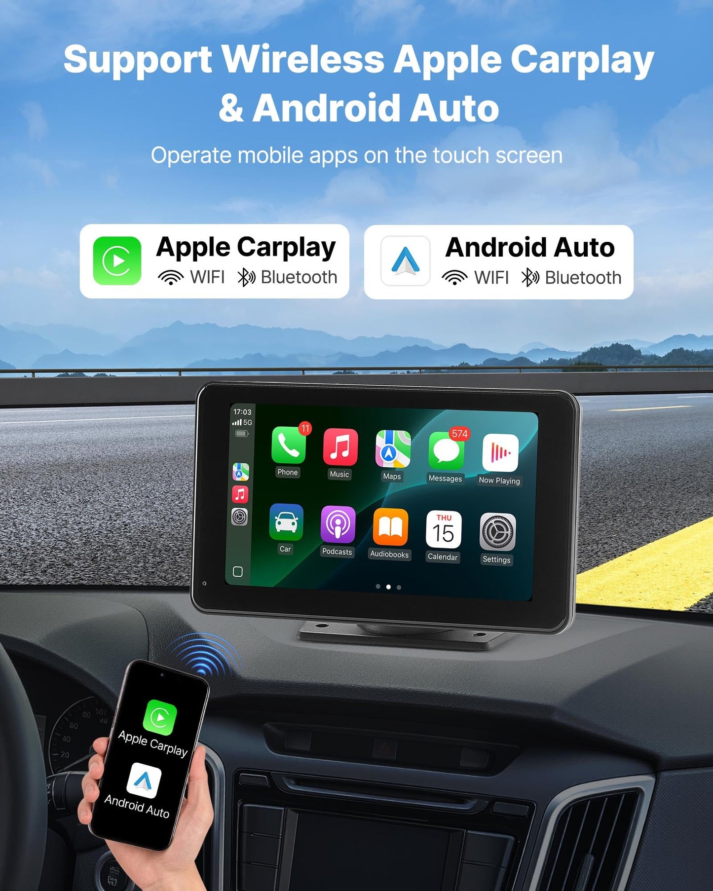 Vevor Wireless Car Stereo, 7-Inch Hd Portable Radio Touch Screen Compatible With Apple Carplay & Android Auto, Carplay Screen Wi