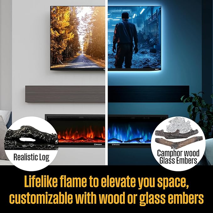 Westinghouse 60 Inch Electric Fireplace Heater, Compatible with Alexa & Google Home, Wall Mount or in-Wall Recessed Fireplace Insert, 24 Hour Timer, Color Changing Flames, 750W/1500W Indoor Heater