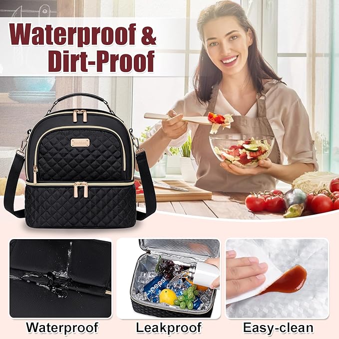 Lunch Bag for Women,Double Decker Lunch Box for Womens, Insulated Lunchbag Leakproof Lunch Tote Lunch Cooler Bag for Women Men,Lunchbox with Adjustable Strap for Work Picnic Beach