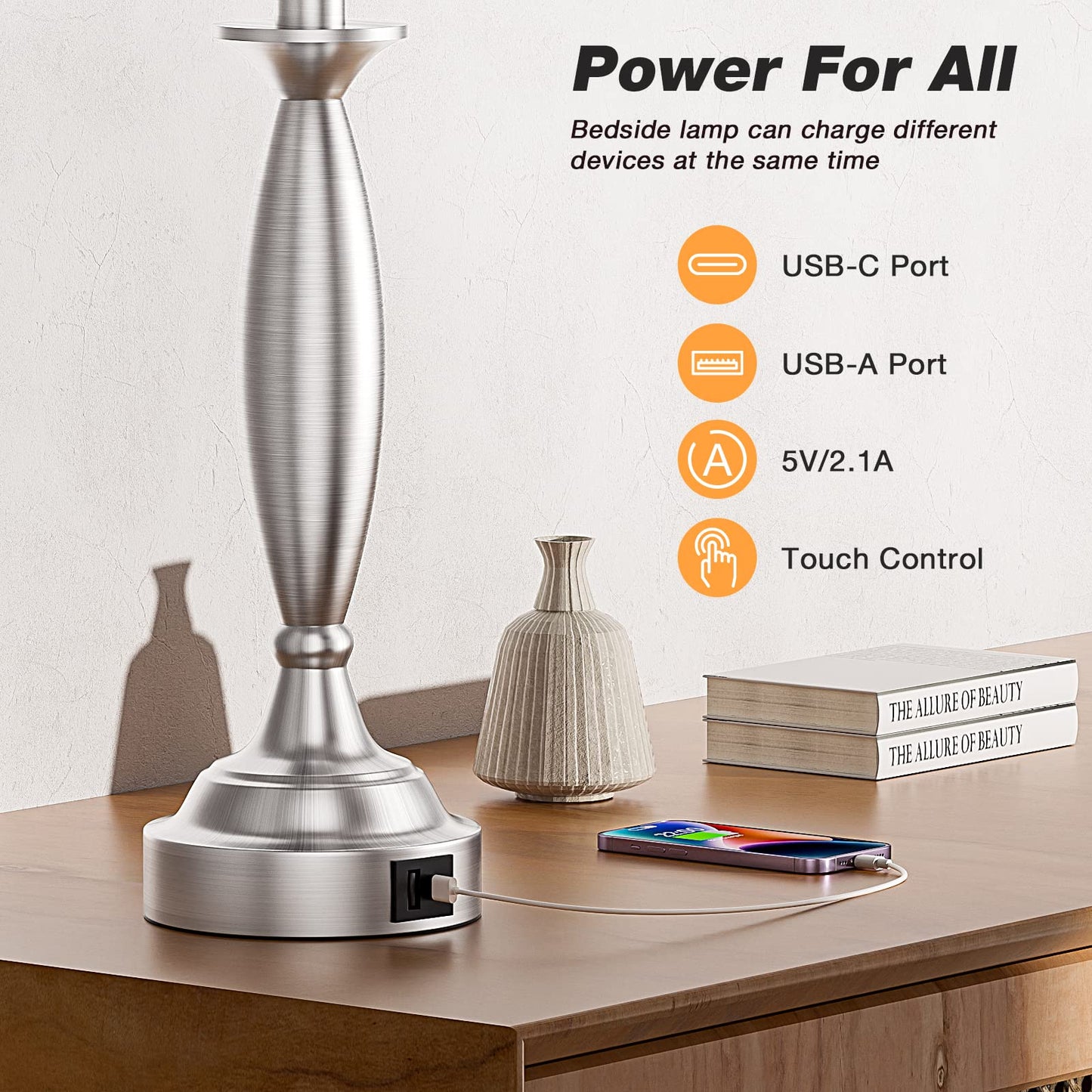 Seealle Touch Control Bedside Lamp Set of 2, 3 Way Dimmable, Metal, 22.5in, A. Grey Shade and Nickel Base