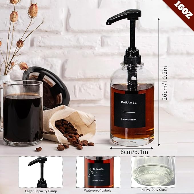 Coffee Syrup Dispenser for Coffee Bar, with 1/4oz Large Capacity Pump, Glass Syrup Pump Dispenser Bottle for Coffee Station, Coffee Bar Organizer, Black,16.9oz