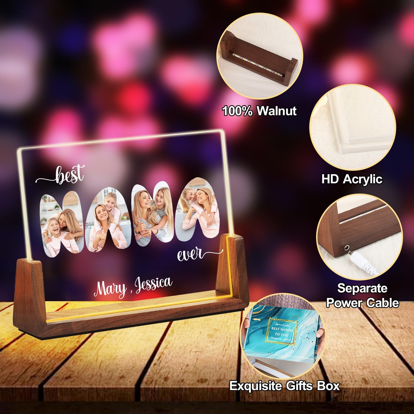 Maiwell Personalized Mothers Day Birthday Gifts For Grandma From Granddaughter Grandson Grandkids  Customized Light Up Photo Frame With Picture Name  Custom Best Nana Ever Christmas Gifts For Women
