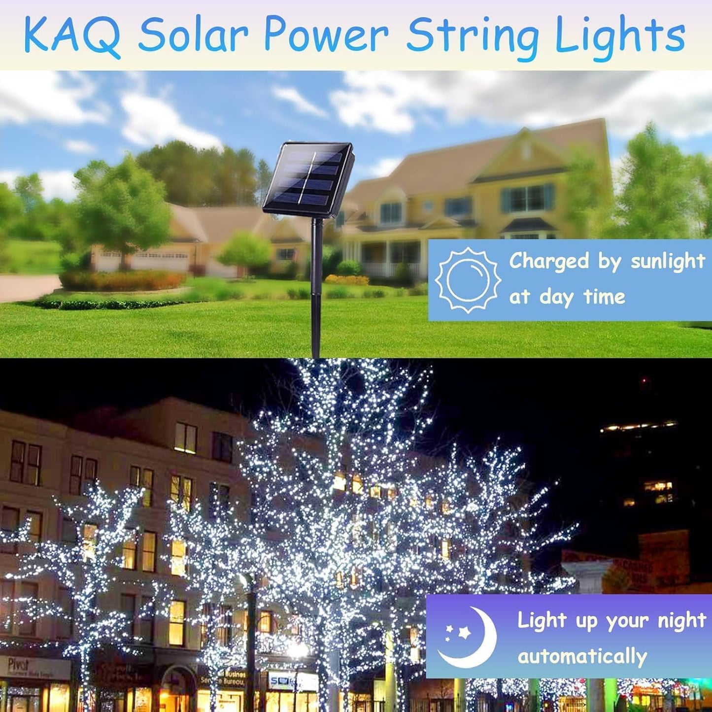 KAQ Solar String Lights 400LED 132FT Waterproof Cool White Green Wire 8 Modes for Outdoor Christmas Party Wedding Garden