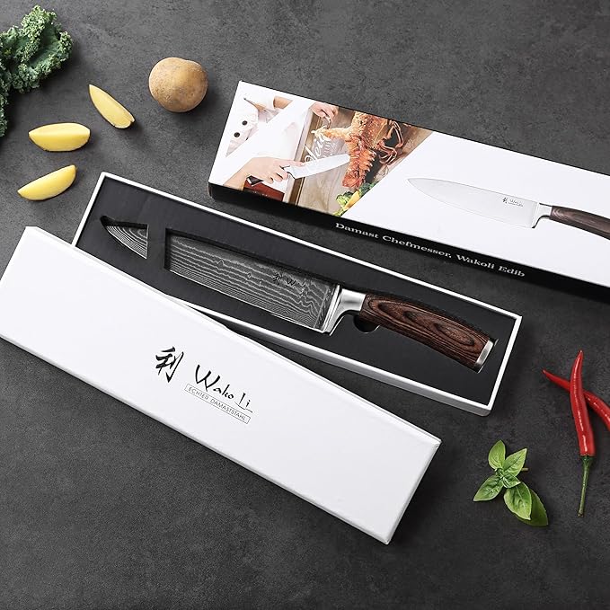 Wakoli EDIB Damascus Chef Knife – 7.9-Inch Japanese Style Kitchen Knife | Genuine 67-Layer Damascus Steel Blade with VG10 Core | Ergonomic Pakkawood Handle | Professional Cooking Knife in Gift Box