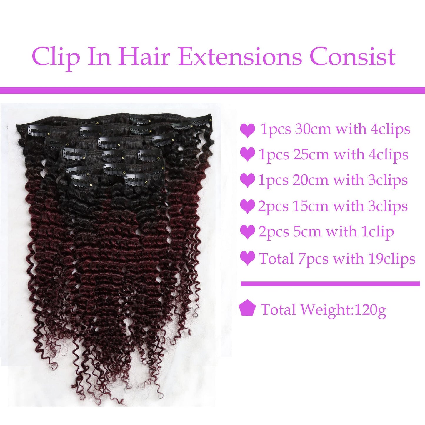 IXTUYLL Virgin Human Hair Clip In Extensions Ombre 1B 99J Kinky Curly 120 Grams Clip Ins Hair Extensions Real Human Hair Curls B