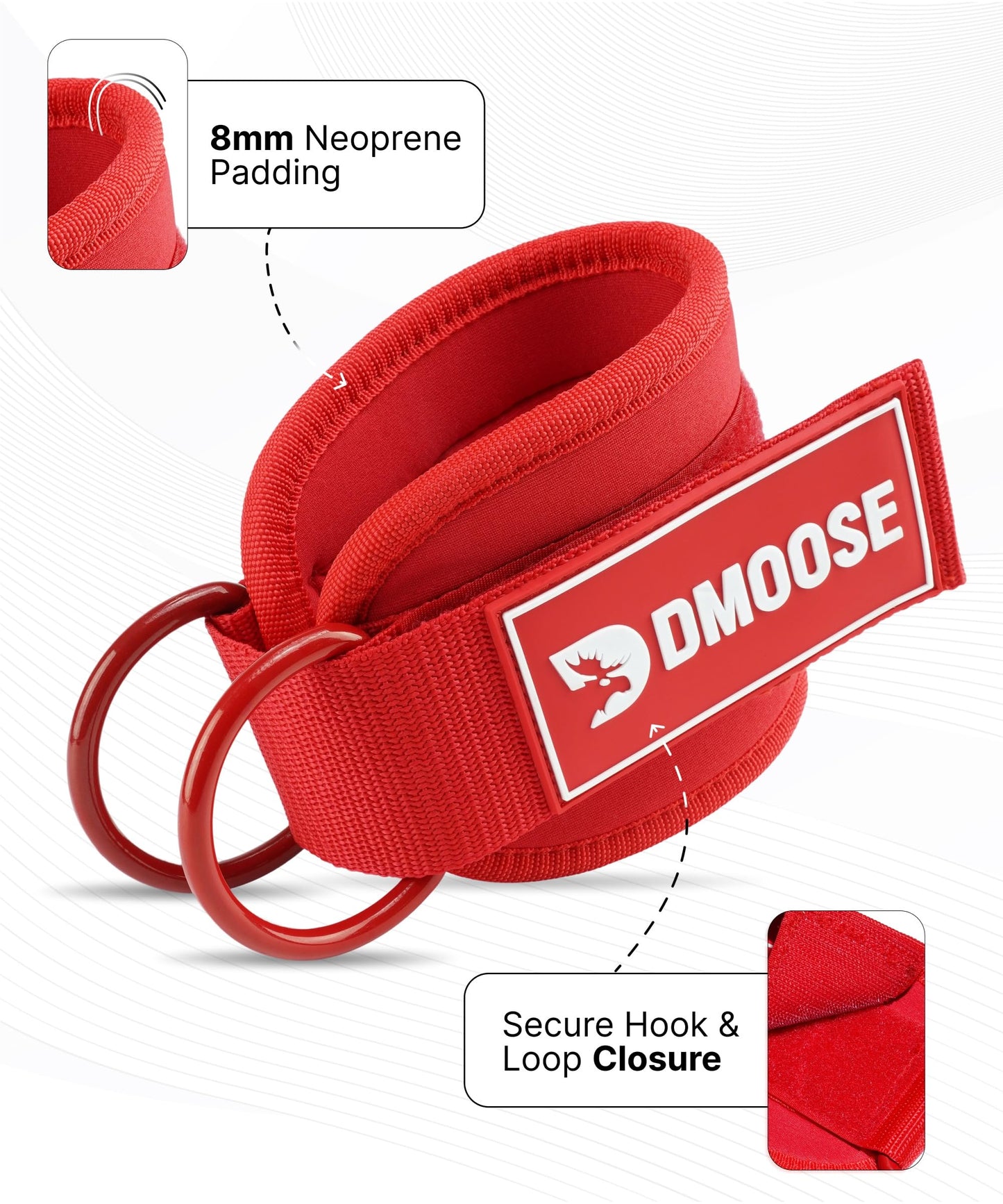 DMoose Fitness Ankle Straps for Cable Machines - One Size Fit Premium Padding, Glute Kickback Ankle Strap for Women & Men, Cable Attachments for Gym, Booty Workouts & Hip Abductors (All Red - Pair)