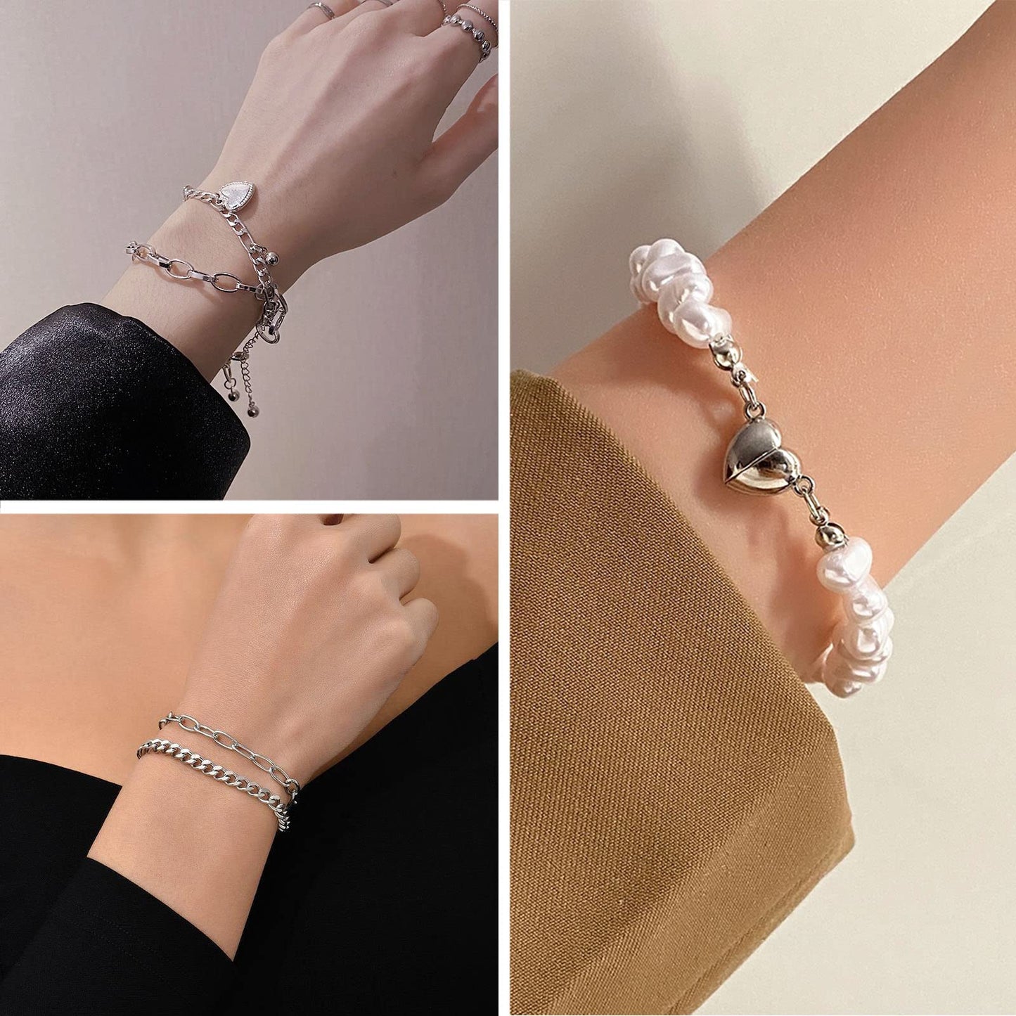 IFKM 21 PC Silver Plated Jewelry Set with 3 Necklace, 3 Bracelet, 15 Knuckle Rings for Women - Valentine, Anniversary, Birthday, Friendship - Cute Fashion Gifts