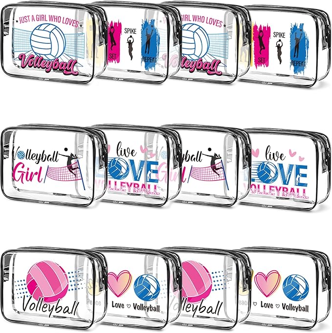 Falueqg Volleyball Gifts Makeup Bags - 12Pcs Volleyball PVC Clear Cosmetic Bags, Volley Ball Themed Sports Waterproof Chee...