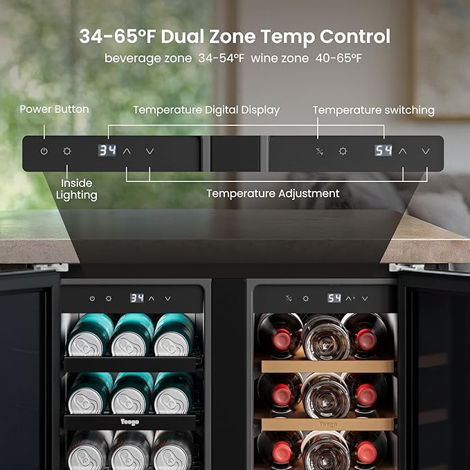 Yeego 24 Inch Wine and Beverage Cooler - 34-65°F Dual Zone, Holds 60 Cans & 20 Bottles, Stainless Steel Door with Lock for Built-in/Undercounter Installation in Kitchen, Patio, Bar & Outdoor Use