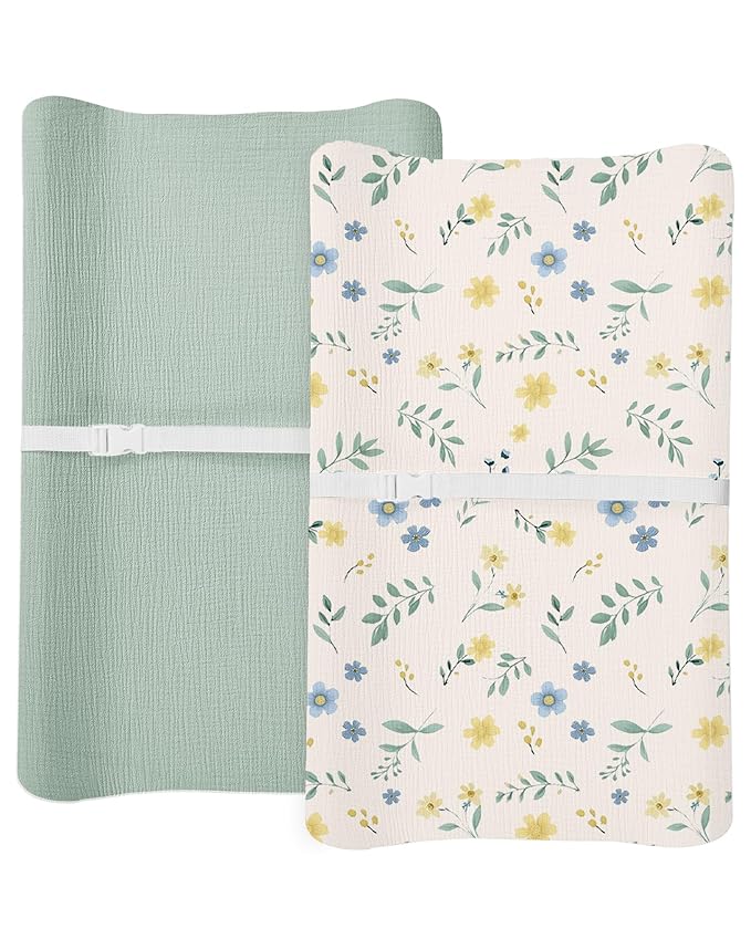 Changing Pad Cover for Baby Boy Girl 2 Pack, Muslin Changing Table Pad Covers with Boho Style, Neutral Nursery Bedding Essentials Soft and Breathable (Spring Garden & Sage)