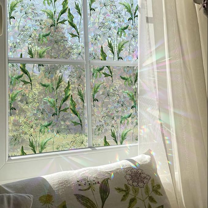 Rainbow Watercolor Green Leaves Window Film, Privacy Iridescent Static Cling Double-Sided Decals for Window Door Glass Decor, Wild Grass, 118.11" x 29.52"