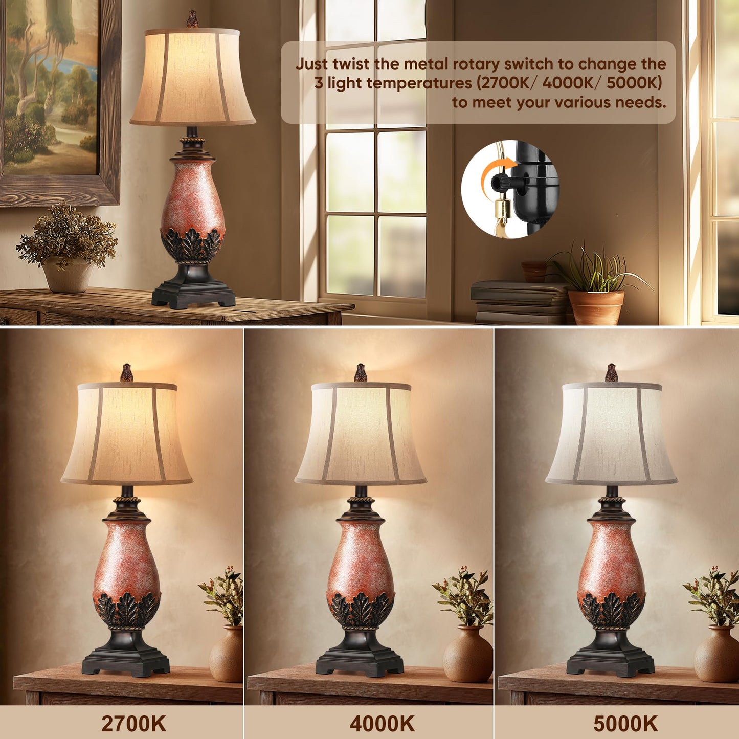 Hamucd 29in Tall Rustic Table Lamps Set of 2, Dimmable 3-Color Temperature, Light Brown, Antique Style for Living Room and Bedroom