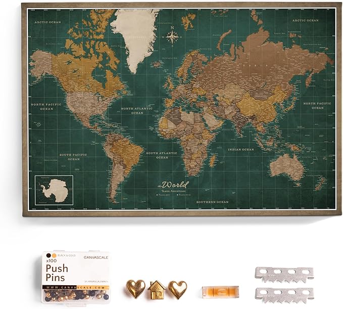 Canvas World Map with Cork Pin Board - English Lettering - Decorative Wall Decoration for All Rooms - Canvas Pictures with World Map Motif (90x60 cm, Pattern 4)