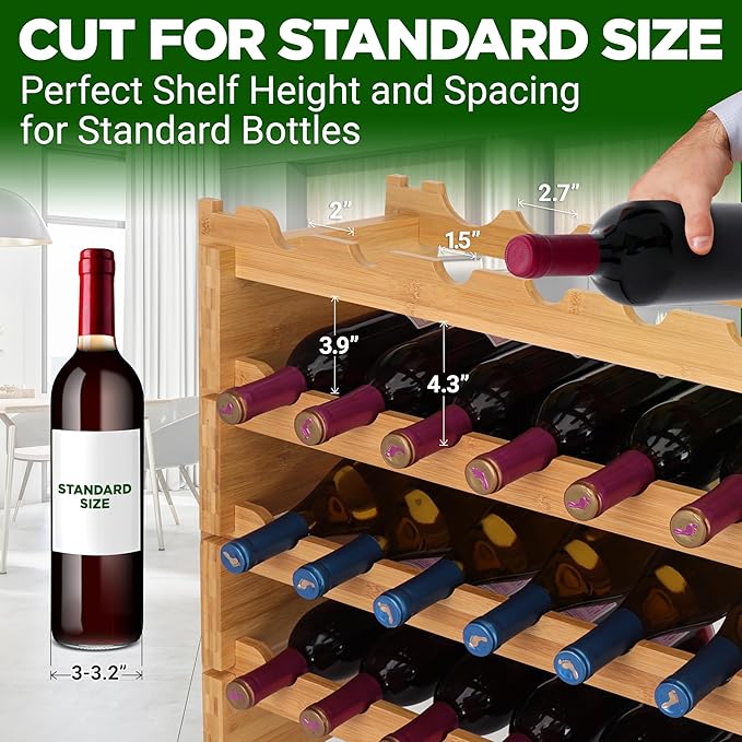 NutriChef 36 Bottle Wine Rack Stackable Bamboo Freestanding, 4-Tier Modular Shelf, Sturdy Wobble Free, Upgraded 2026 Design, Easy No-Tool Assembly for Kitchen, Cellar or Bar Storage 33.5" x 10" x 21"
