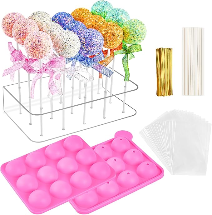 Kucoele Cake Pop Mold Set, Including 15 Hole Clear Acrylic Lollipop Display Stand Holder, 12 Cavity Pink Silicone Cake Pop Mold, Cake Pop Sticks Treats Bags and Twist Ties