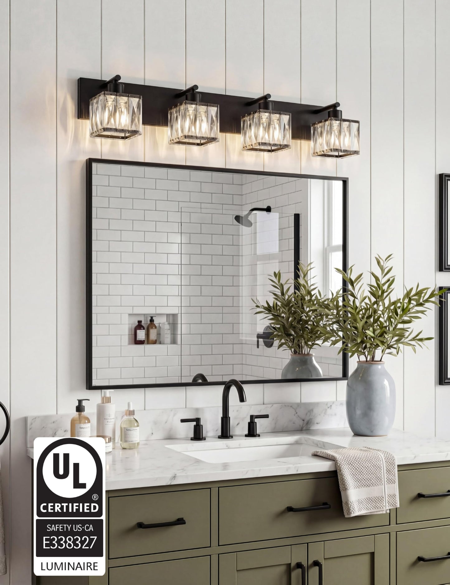 VOLISUN Black Bathroom Light Fixtures, Modern Bathroom Lighting Fixtures Over Mirror, 4 Light Bathrooms Vanity Light, Crystal Vanity Light for Bathrooms-UL Certificated(Exclude Bulb)