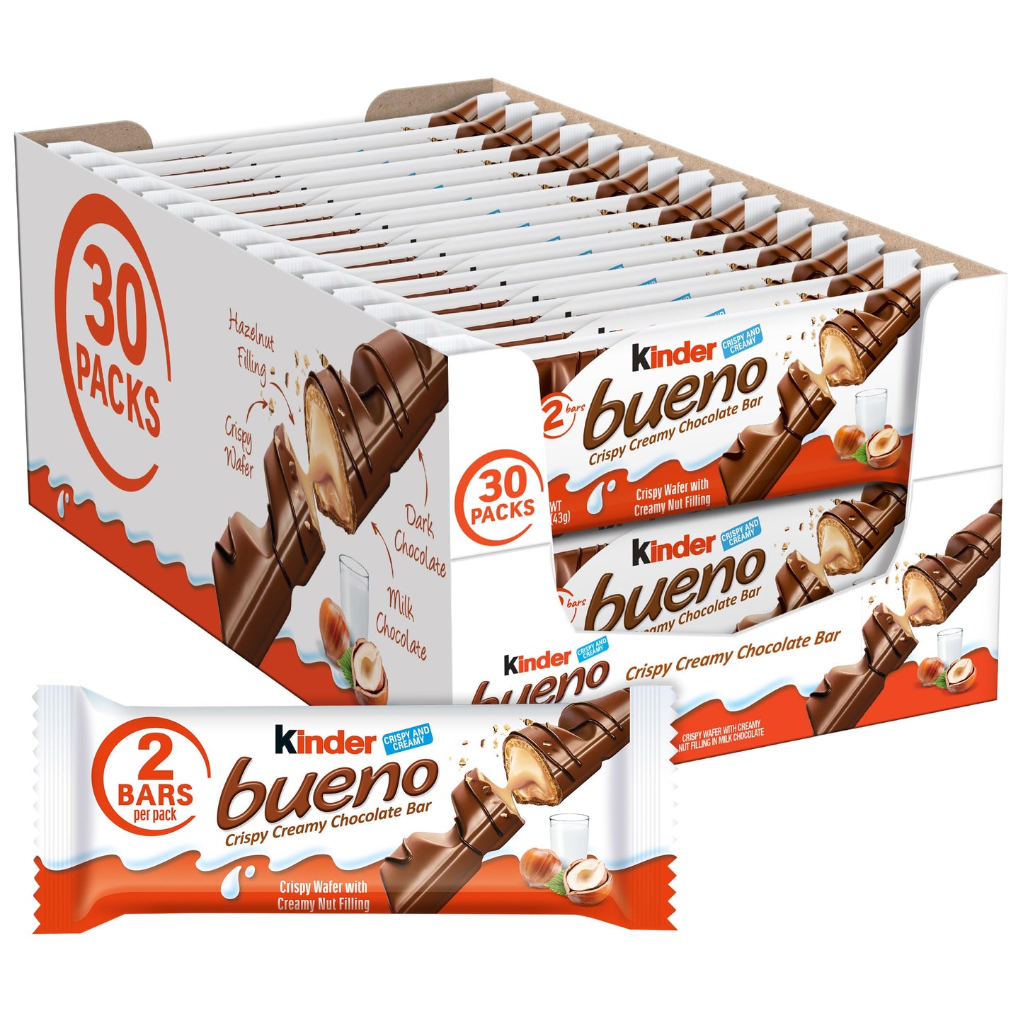 Kinder Bueno, Bulk 30 Pack, Milk Chocolate and Hazelnut Cream, Stocking Stuffers, 2 Individually Wrapped Chocolate Bars per Pack