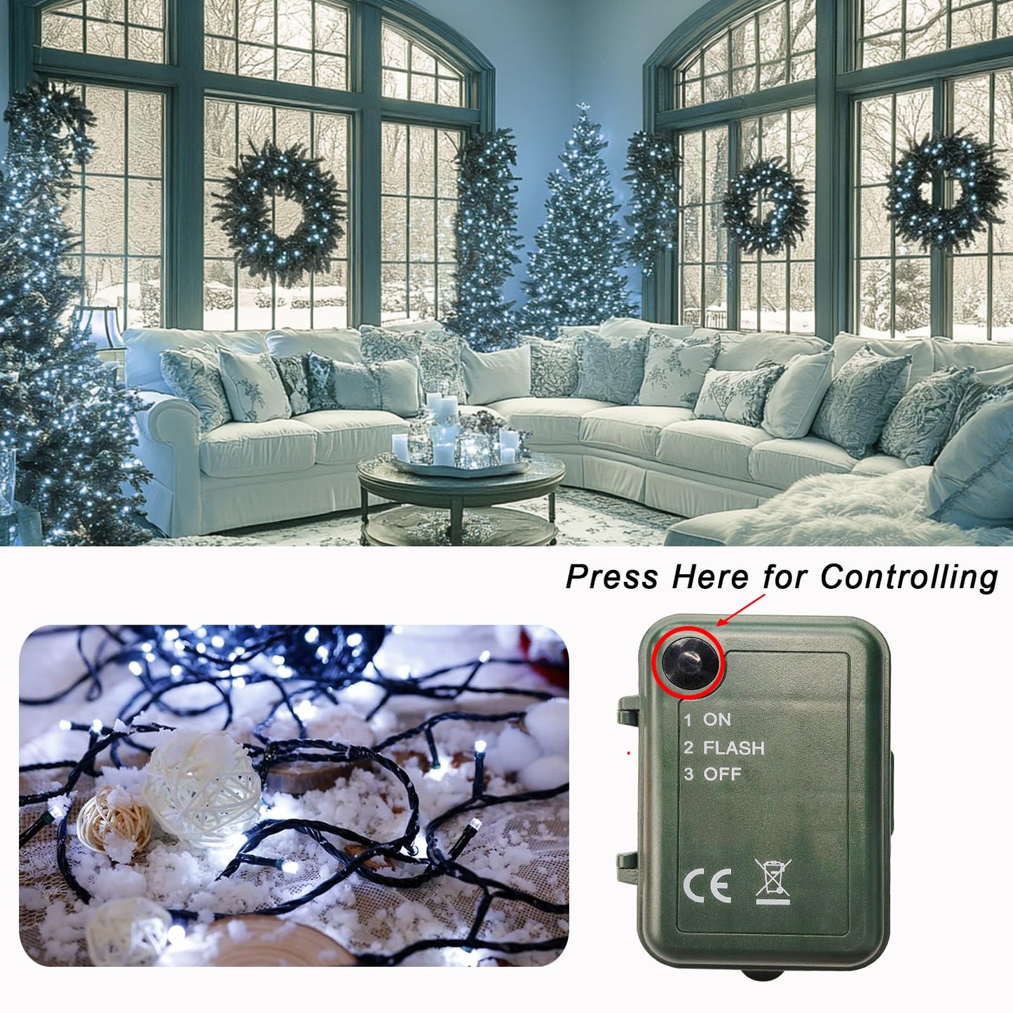 Cool White String Lights Battery Powered  2 Pack Total 66.6 Ft 200 Led Christmas String Lights Indoor Outdoor Decoration  Twinkle Fairy Light For Party Xmas Tree Decor