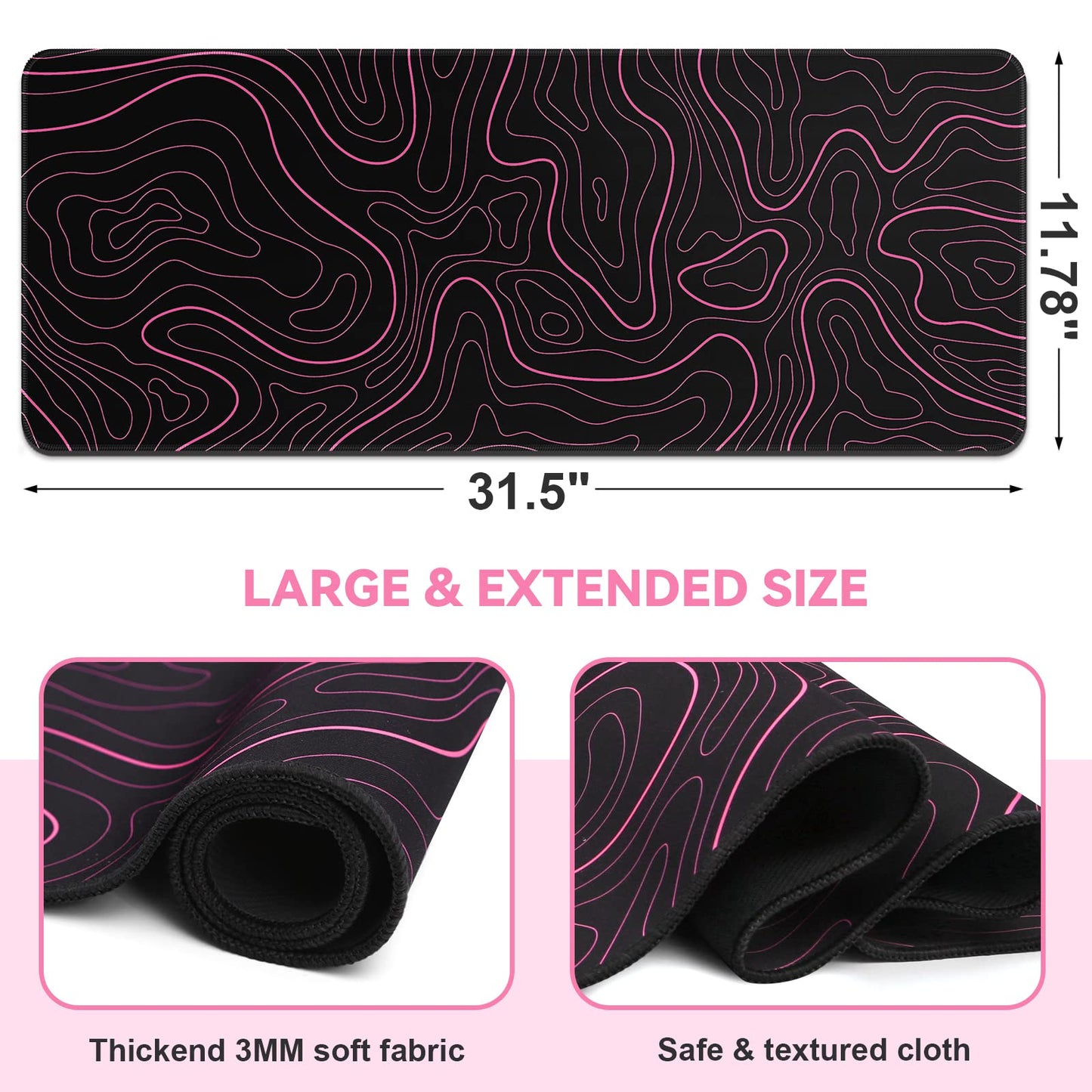 DIGSOM Mouse Pad Gaming Mousepad 31.5 x 11.8 in Large Mouse Pad for Keyboard and Mouse with Anti-Slip Rubber Base, Keyboard Pad XL Mouse Mat for Home and Office(Black with Red Topographic Line)