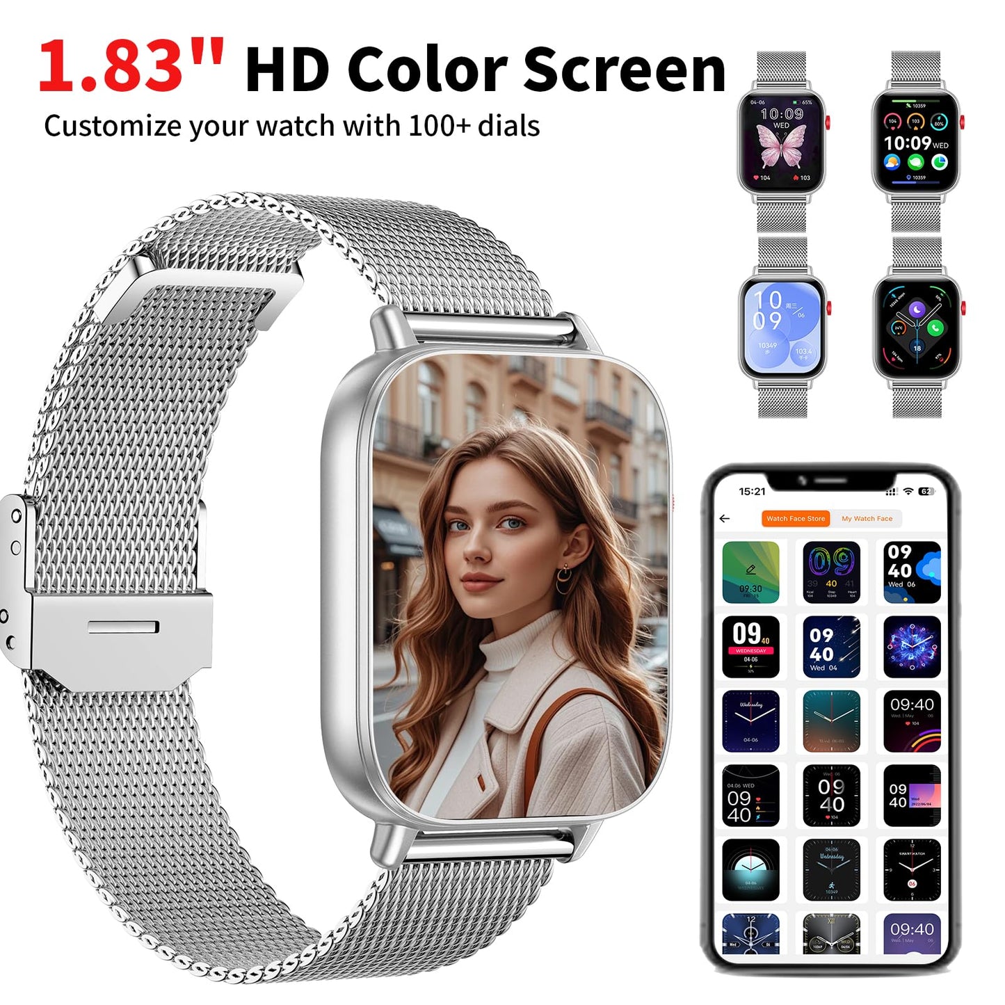 Kazunet Smart Watch for Women Men,1.83" HD Smartwatches (Answer/Make Call), IP68 Waterproof Activity Fitness Tracker, HR, Sleep Monitoring, Pedometer, Fitness Watch for Android iOS (Silver)