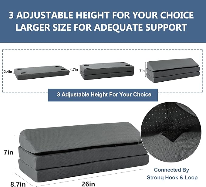 HOMBYS 3-in-1 Adjustable Height Wedge Pillow, 7" Height Leg Knee Pillow for Side Sleepers & Aligns Spine, Supportive Bolster Pillow for Pregnancy Relieves Pressure Hip Leg Elevation, 26", Dark Grey