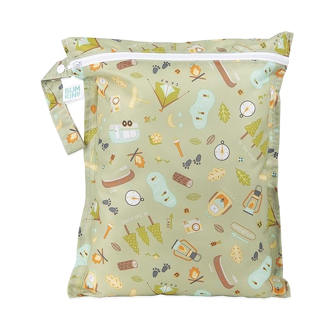 Bumkins Waterproof Wet Bag for Baby, Travel, Swim Suit, Cloth Diapers, Pump Parts, Pool, Beach, Gym Clothes, Toiletry, Hook to Stroller, Daycare, Zipper Reusable Wetdry Packing Pouch, Camp Gear Green
