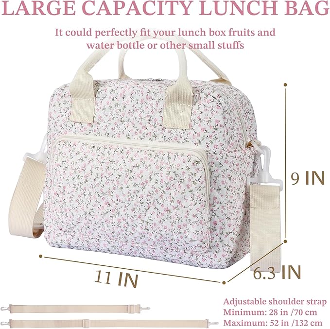 Quilted Lunch Box for Women,Large Pink Floral Insulated Lunch Bag for Adult,Cute Lunch Tote Bags for Work Picnic Travel(Pink Floral,M)