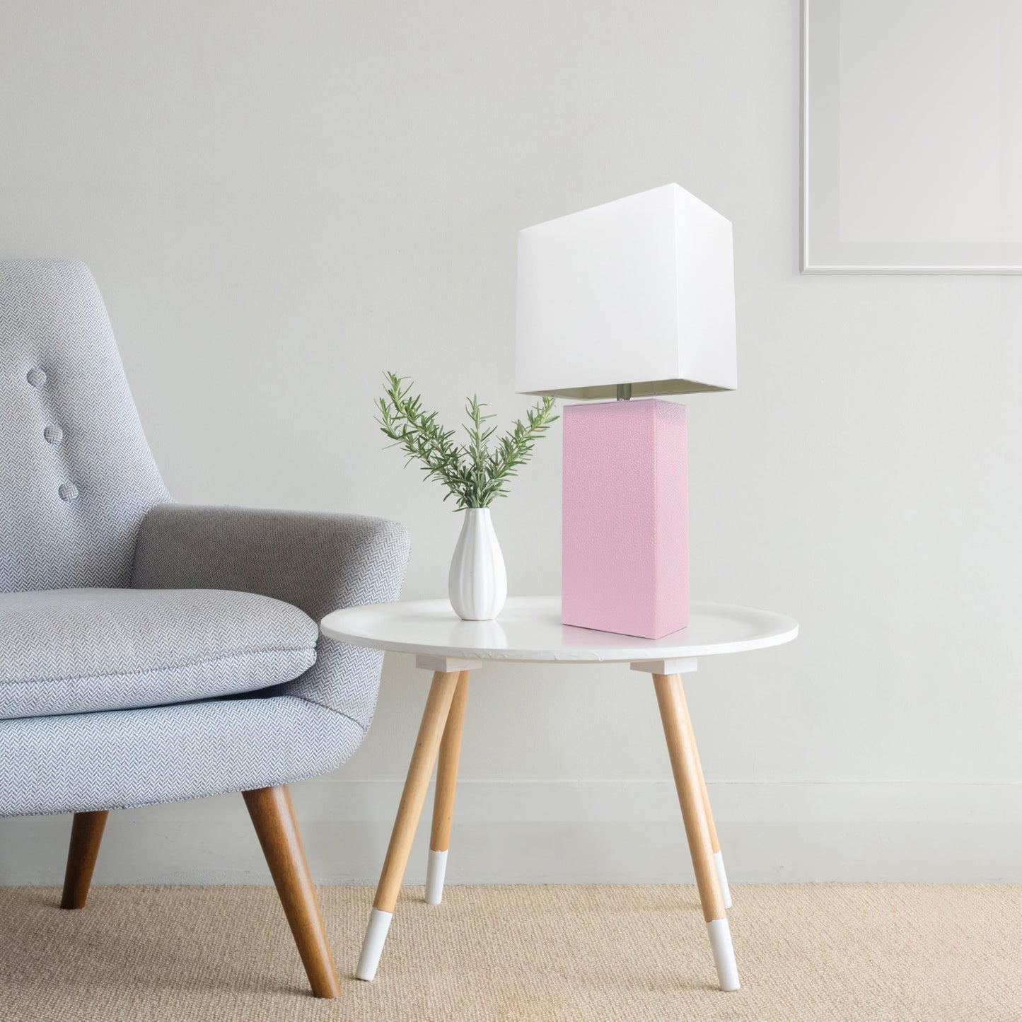 LALIA HOME Bedside Table Lamp, 21in Modern Design, Blush Pink Leather Base, White Fabric Shade, Model LHT-3008